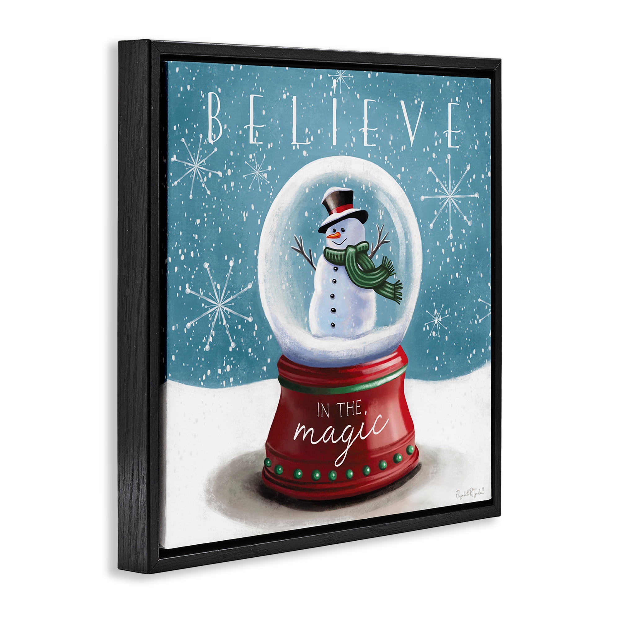 Stupell Industries Believe In Magic Snowglobe Holiday Painting Black Floater Framed Canvas Art Prints Wall Art, 18 x 18