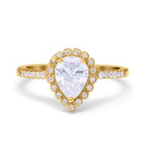Yellow Tone, Simulated Cubic Zirconia Size-10 Teardrop Pear Art Deco Halo Engagement Ring 925 Sterling Silver