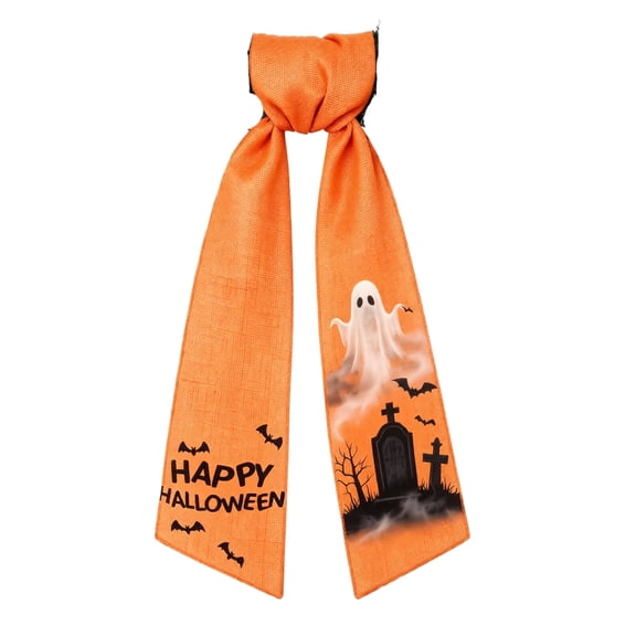 Halloween Decorations Spooky Wreath Bow Tie Door Hanger Decor for Front Porch Entryway, Holiday Home Party Decor, Linen Halloween Ribbon