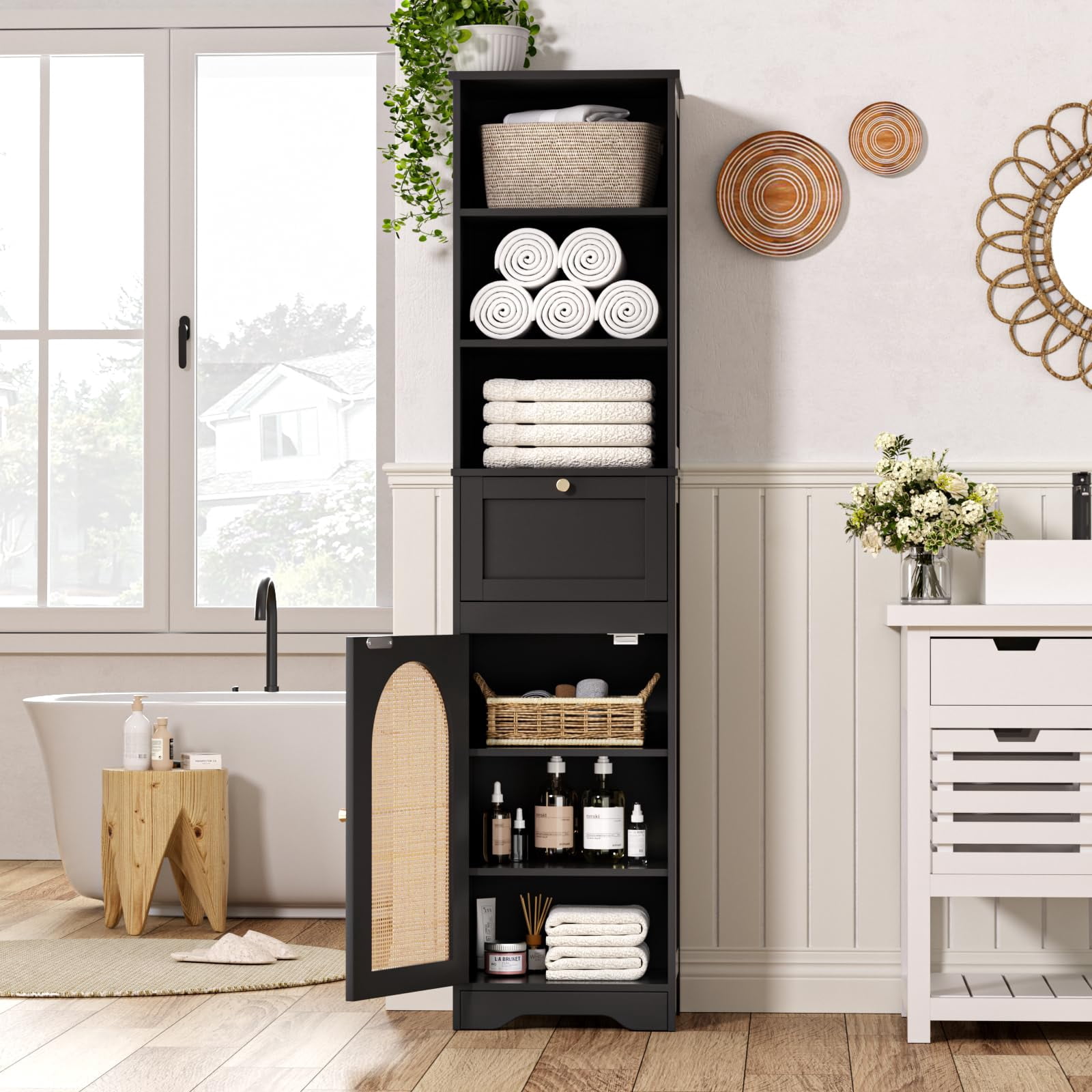 Vabches 67"Tall Narrow Bathroom Storage Cabinet, Linen Cabinet with Rattan Doors, Drawer & Adjustable Shelves