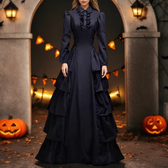 Rggeeun Halloween for Women Renaissance Women Gothic Dress Corset Dress Long Sleeve Lapel Collar Layered Ruffle Vintage Dress Party Trendy,Black,L