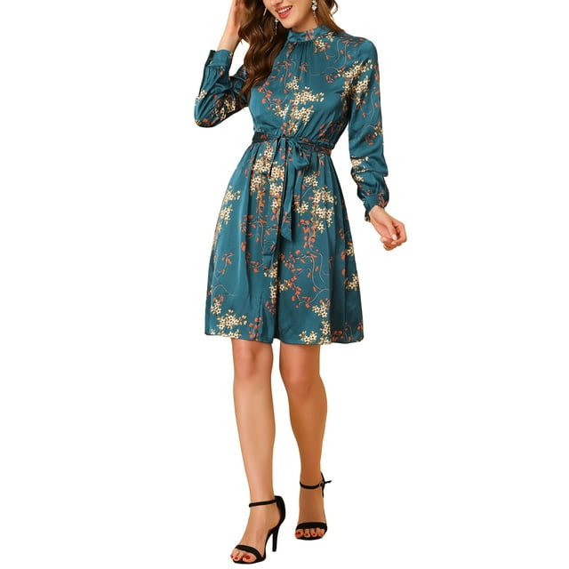 INSPIRE CHIC Robe Fleurie pour Femme Col Montant Manches Longues Taille à Nouer Longueur Genou Robe Bohème S Satin Bleu Paon