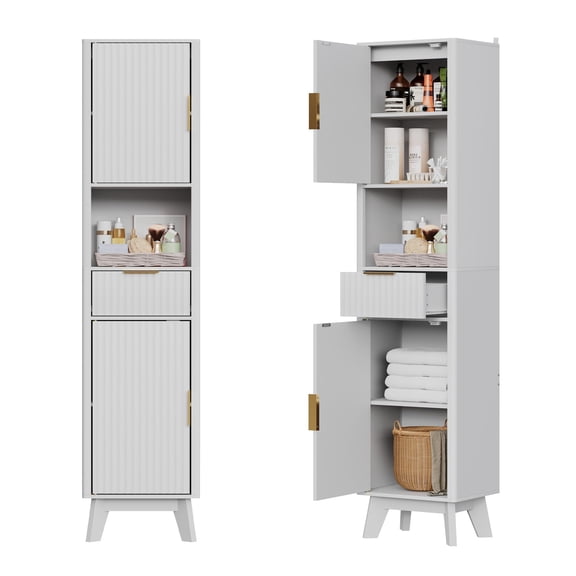 Tall Bathroom Cabinet, 67" Storage Cabinet with 2 Doors and 1 Drawer, Narrow Cabinets with Wave Doors, Silm Bathroom Cabinets for Kitchen, Living Room, Entryway