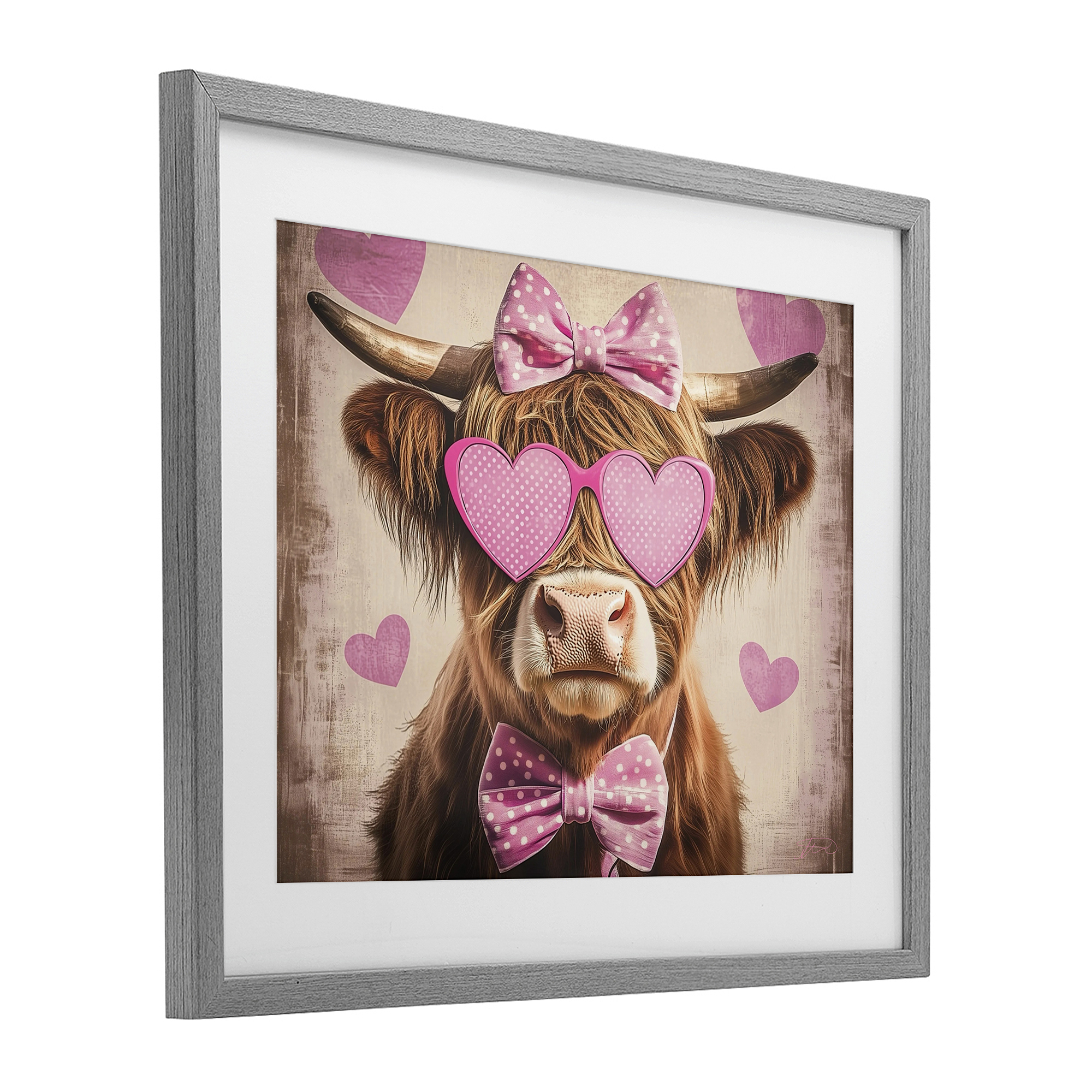 Cute Cattle Pink Hearts Gray Framed Print Under Glass, design by Shawna Stewart