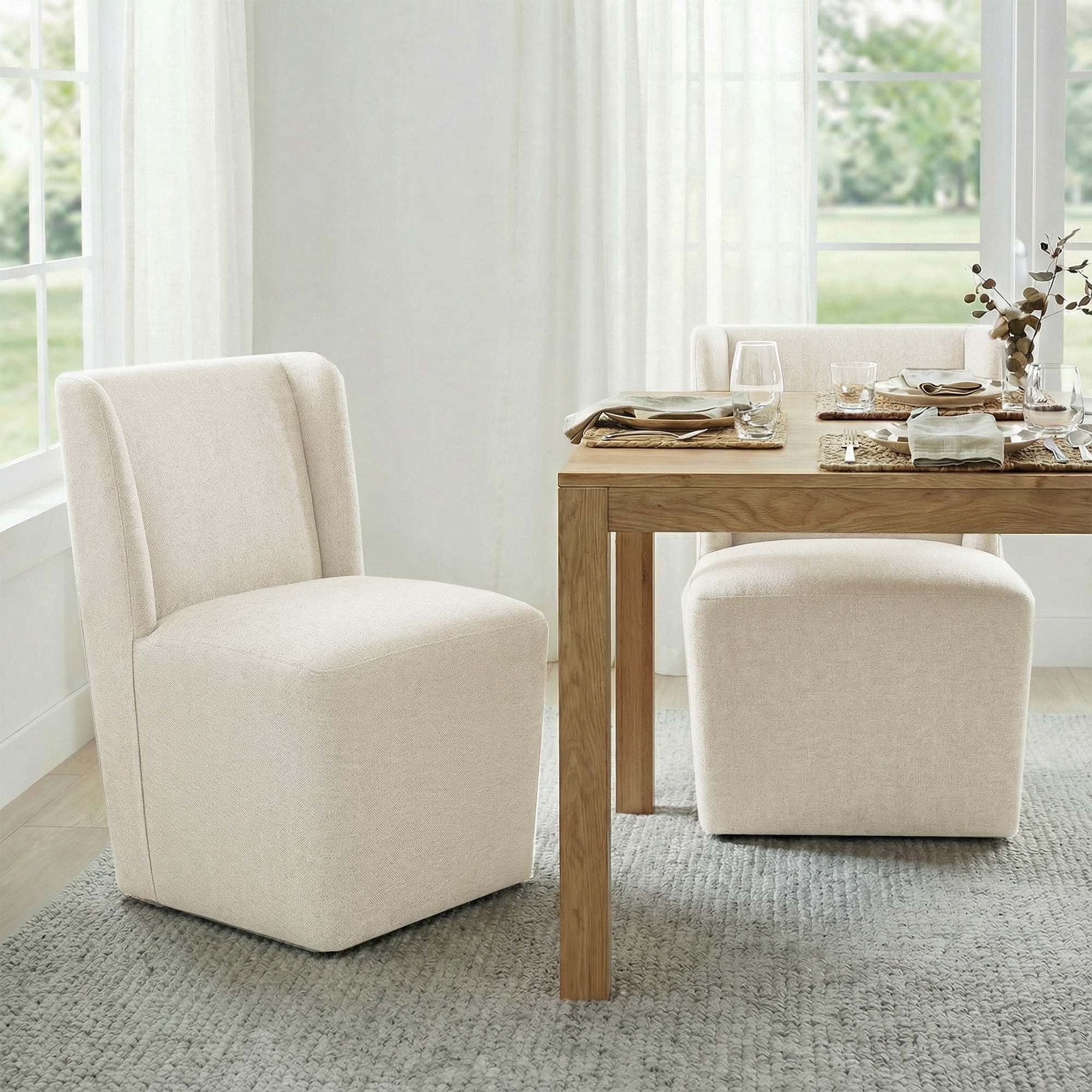 Spruce & Spring Modern Upholstered Dining Chair with Wingback and Hidden Casters, Single, Fabric in Linen