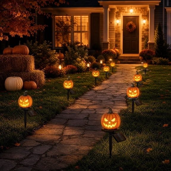Solar Halloween Pumpkin Pathway Lights Resin Garden Stake Light Outdoor Waterproof Decor