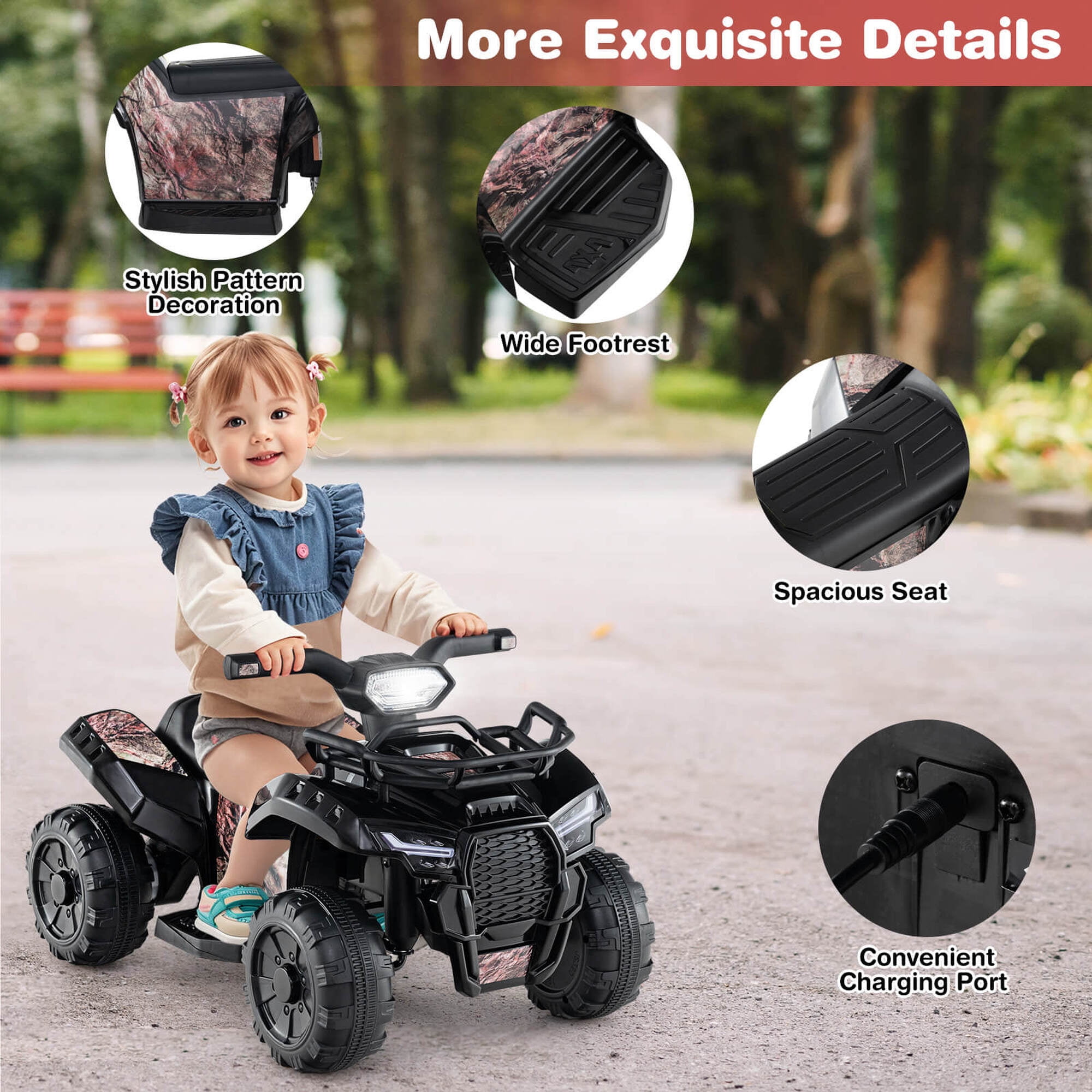 Costway 6V Electric Children Toy Car with Music & Story Function USB Front Storage Basket Black