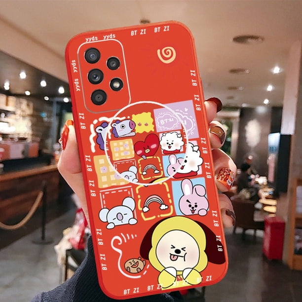 Para Samsung Galaxy S22 Ultra S21 FE A33 A53 A73 A03S M32 M22 Moda BTS De Dibujos Animados Borde Cuadrado Cubierta Len Funda Protectora Con Anillo De Dedo