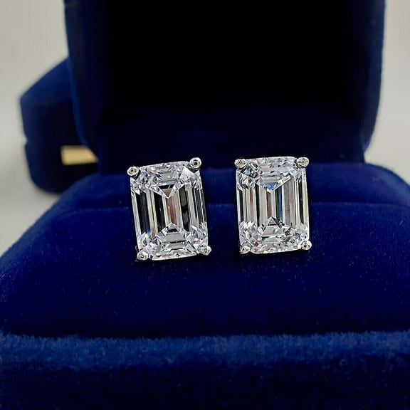 4Ct Emerald Cut Moissanite Women's Stud Earrings 14K White Gold Plated Silver