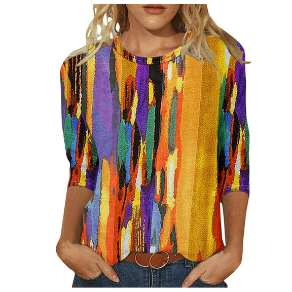 Raeneomay 3/4 Length Sleeve Womens Tops Women's Fashion Printed T-Shirt Blouse Round Neck Casual Tops
