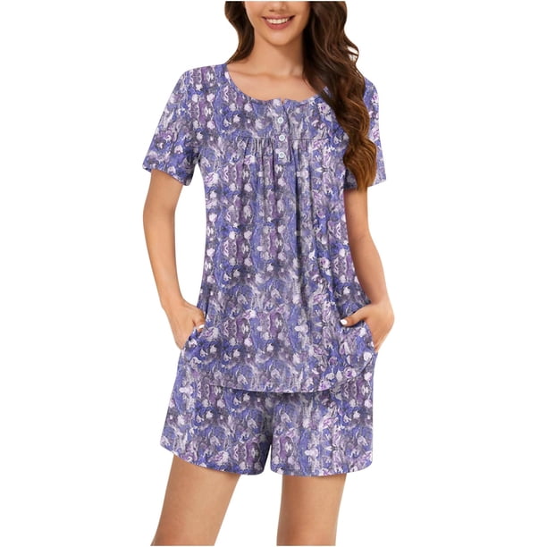 Conjunto de Ropa de Salón de las Mujeres Impreso Cuello Redondo Manga Corta Superior Y Pantalones, Ropa de Casa Suave Dos Piezas