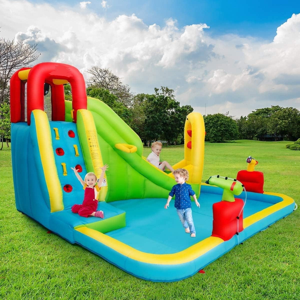 OLAKIDS Inflatable Water Slide, 7 in 1 Bounce House with 2 Slides, Climbing Wall, Splash Pool, Basketball Rim, 2 Water Blasters, Outdoor Water Park with Carrying Bag, Hose