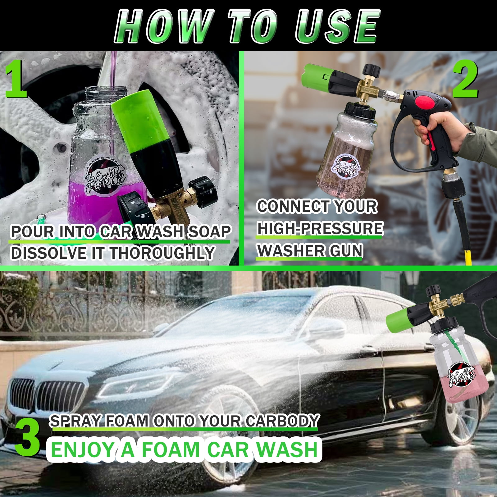 Bear Force Pressure Washer Brass Foam Cannon (Wide Mouth) – Car Wash Snow Foam Lance Pressure Washer Foam Sprayer for Car Washing with 360° Adjustable Thick Foam + 1/4 Quick Connector, 32oz Bottle
