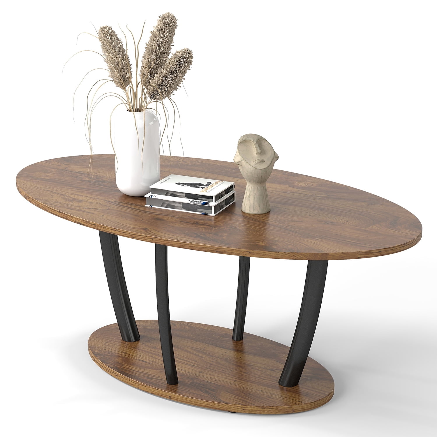 Manora 2-Tier Oval Coffee Table with Storage Shelf for Living Room Bedroom, Red Oak Wood Grain and Black Metal