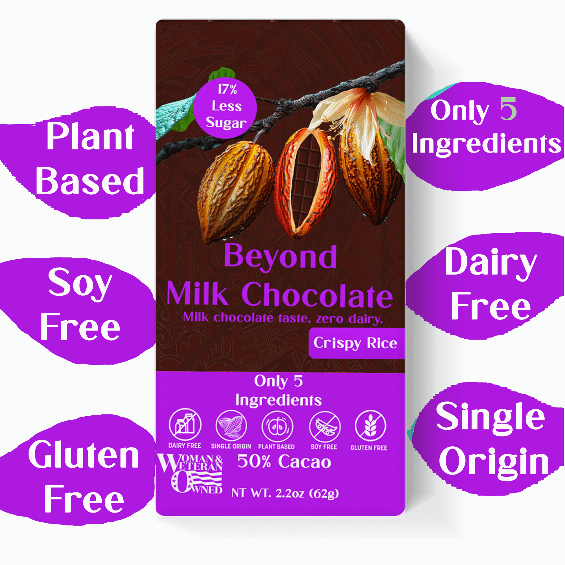 Beyond Milk Chocolate w/ Crispy Rice Bar - Dairy-free | 2.2 Ounce (Pack of 6) | Organic, Low Sugar, 50% Cacao, Plant Based, Dairy Free, Gluten-Free | Single Origin