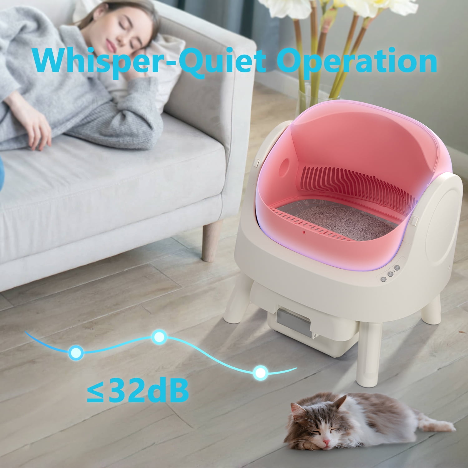 PetPivot Automatic Cat Litter Box Self-Cleaning with Safety Protection, Mat and Trash Bags Included, Pink