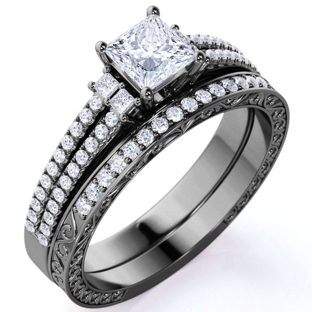 Impresionante Anillo de Compromiso Gótico Vintage de Doble Banda con Diamantes de Talla Princesa de 1,25 Uds, Pavé, en Oro Negro de 10 K