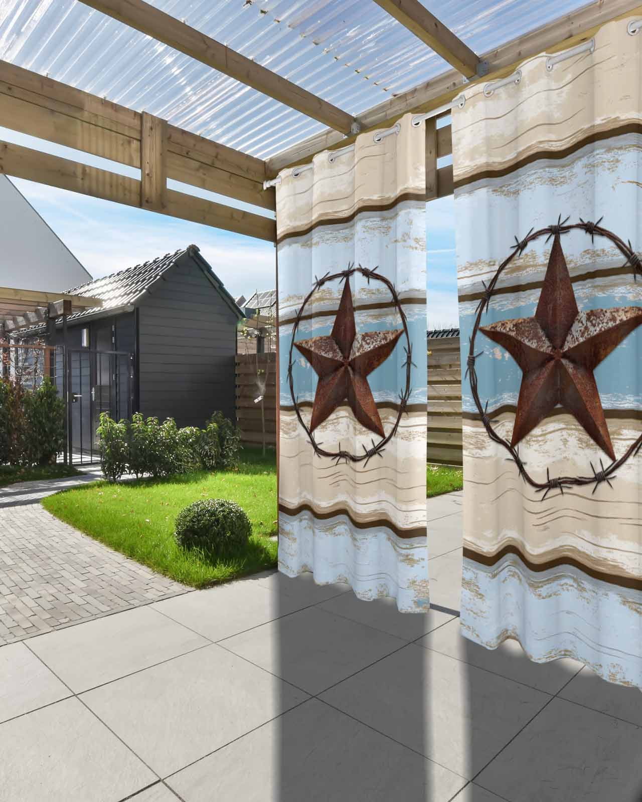nqOlkjepod Outdoor Curtains for Patio Waterproof, Beige Blue Star Outdoor Privacy Panels Grommet, Texas Star Wooden Retro Blackout Outside Curtains for Porch/Cabana/Pergola/Gazebo 54"x108", 2 Panels