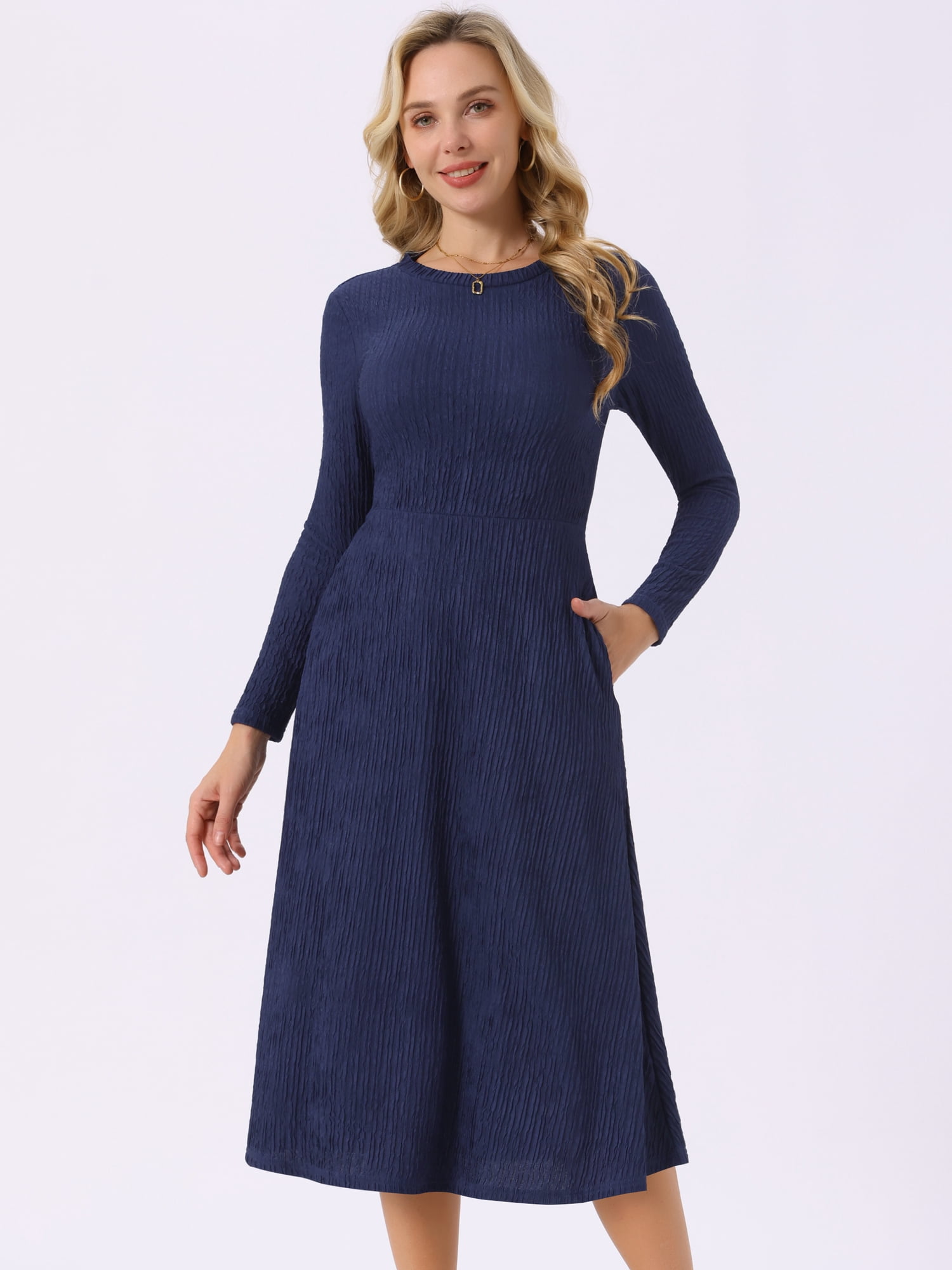 DARING DIVA Long Sleeve Crew Neck Knit A-Line Midi Dress L Dark Blue