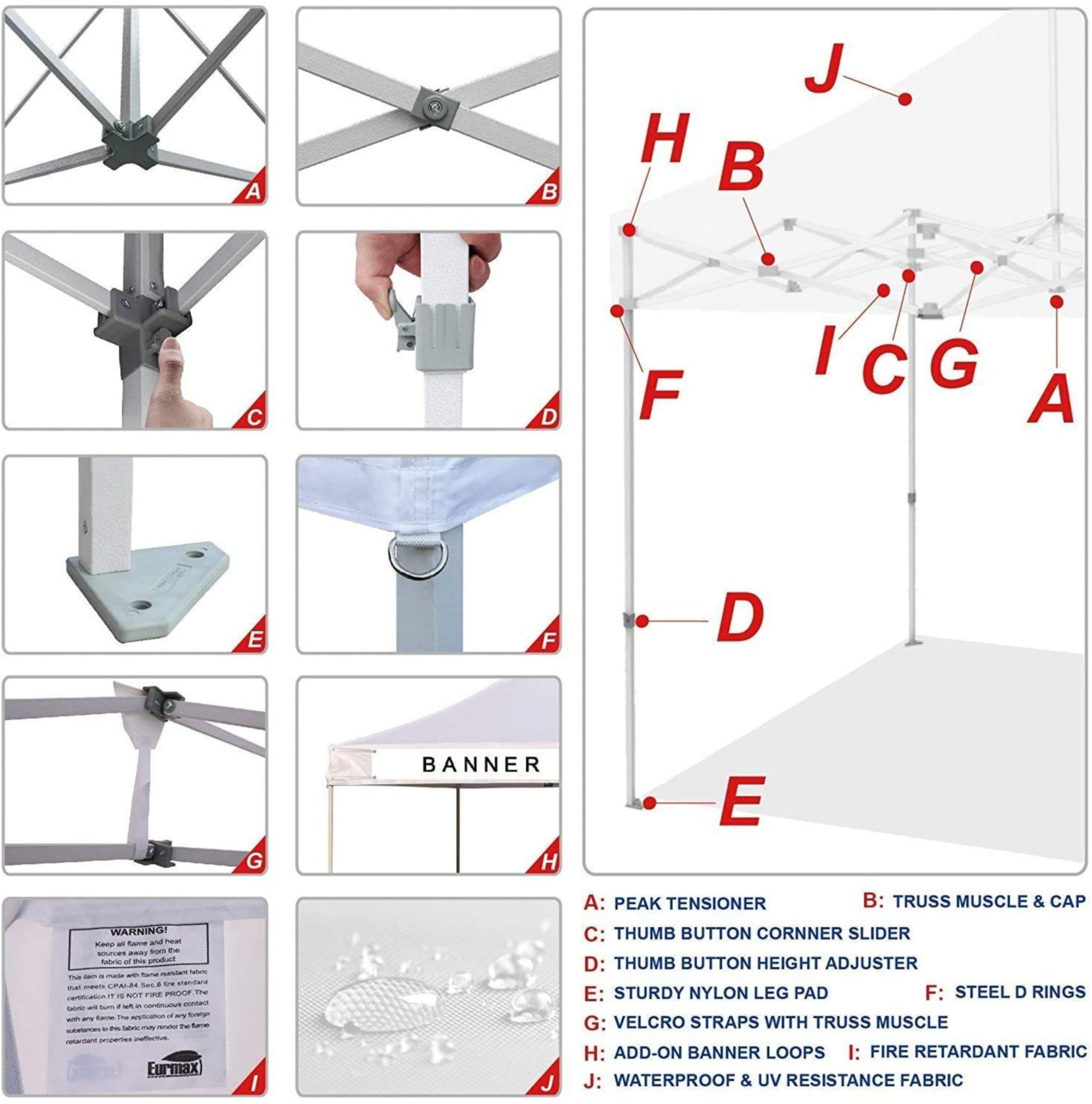 The package includes the canopy frame, canopy top, 3 removable enclosure sidewalls, 1 wall with a door and window, a tent bag with wheels for easy transportation, and bonus sandbag canopy weights. The unique L shaped roller bag allows for easy storage of the frame and top. The bag is made of heavy-duty polyester fabric and has reinforced handles, ensuring its durability.