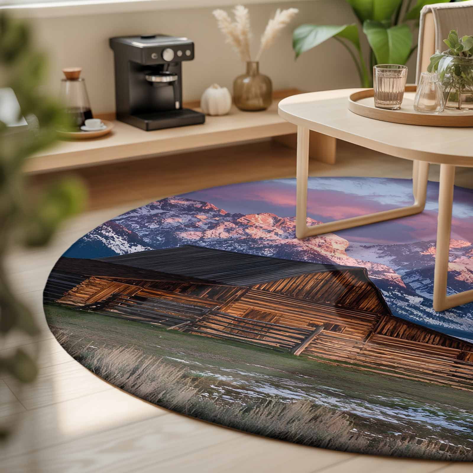 Mountain Landscape Washable Round Area Rug 6 ft, Rustic Barn