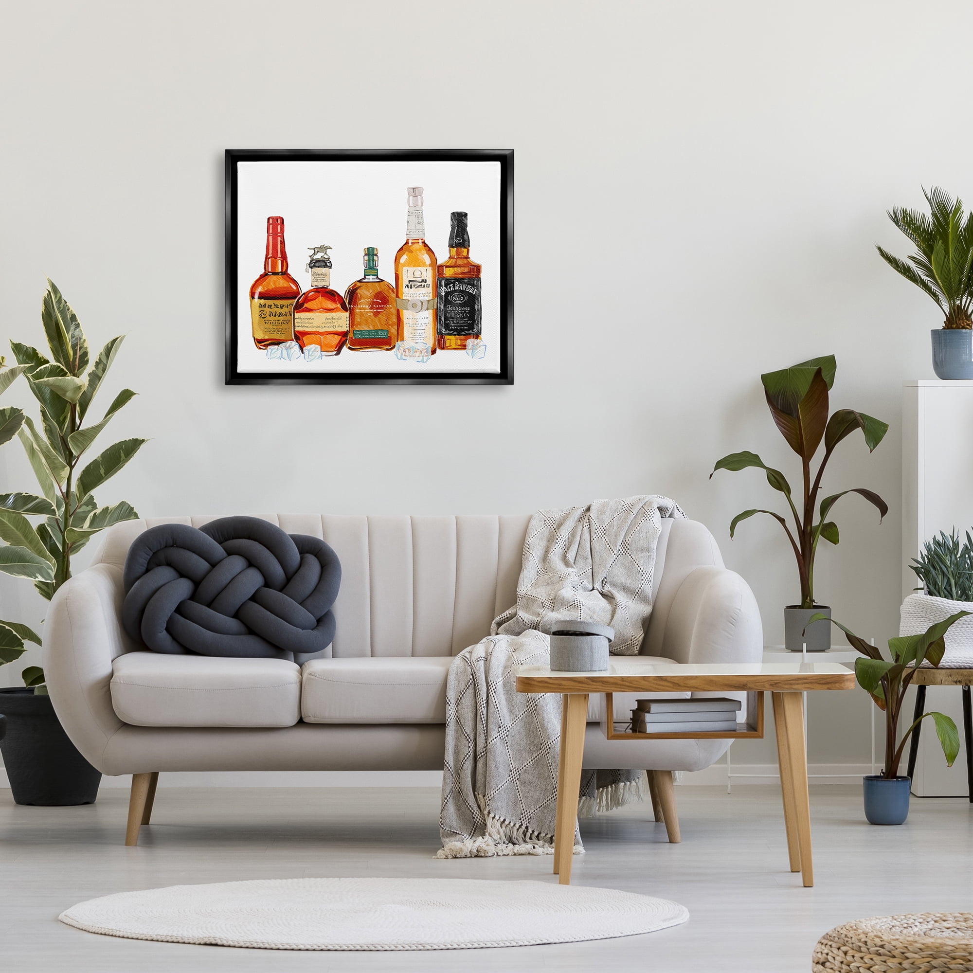 Stupell Industries Whiskey Bottles & Ice Cubes Food & Beverage Painting Black Floater Framed Art Print Wall Art, 31 x 25
