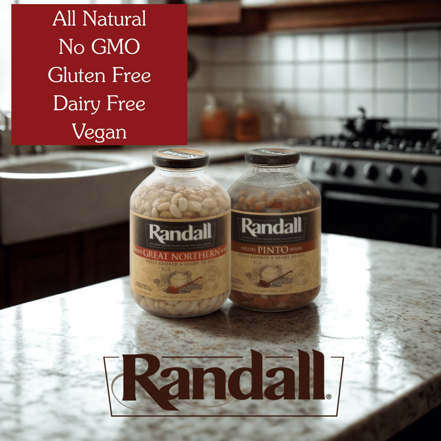 Randall Deluxe Great Northern Beans, 48 oz Glass Jar – Fully Cooked, Family Size (No Spice)