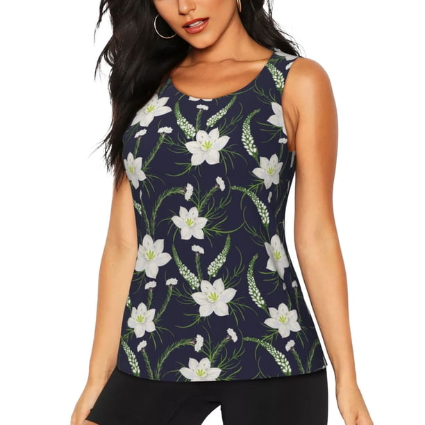 Balery Lilies Flowers Camiseta sin mangas estampada ligera para mujer, tops de entrenamiento sin mangas, camisetas de yoga transpirables de secado rápido.-Medium