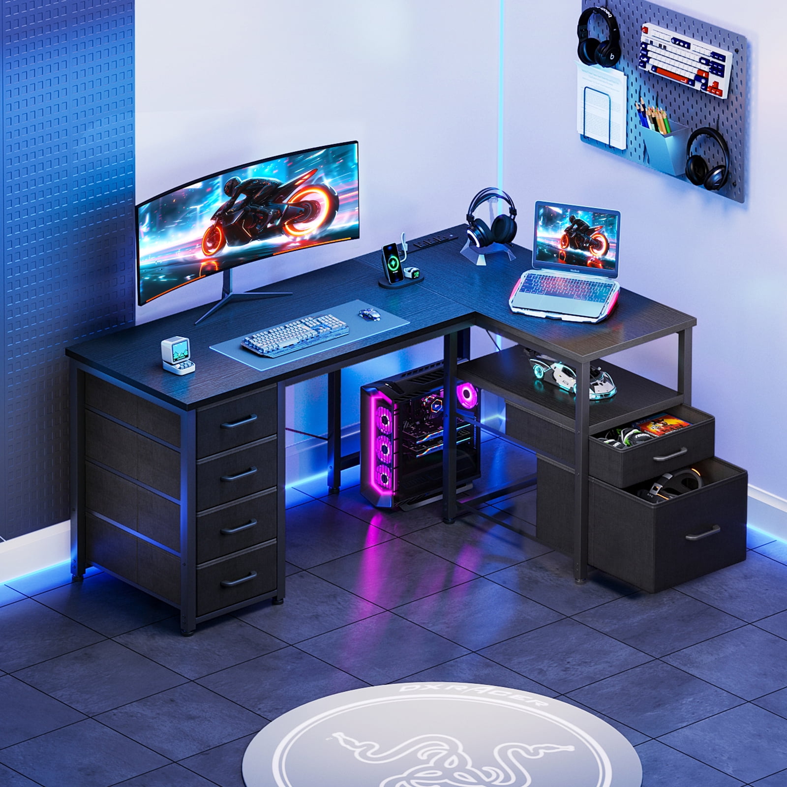 Casacomoda 55 inch Computer Desk with 5 Drawers and File Cabinet for Storage, Office Desk with Storage Shelf & Power Outlets, Home Office Desks,  Black