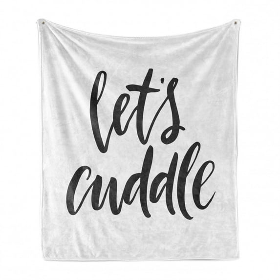 Lets Cuddle Soft Flannel Fleece Throw Blanket, Hand Written Calligraphy in a Cursive Joined Font Warm Feelings, Cozy Plush for Indoor and Outdoor Use, 70" x 90", Dark Grey and White, by Ambesonne