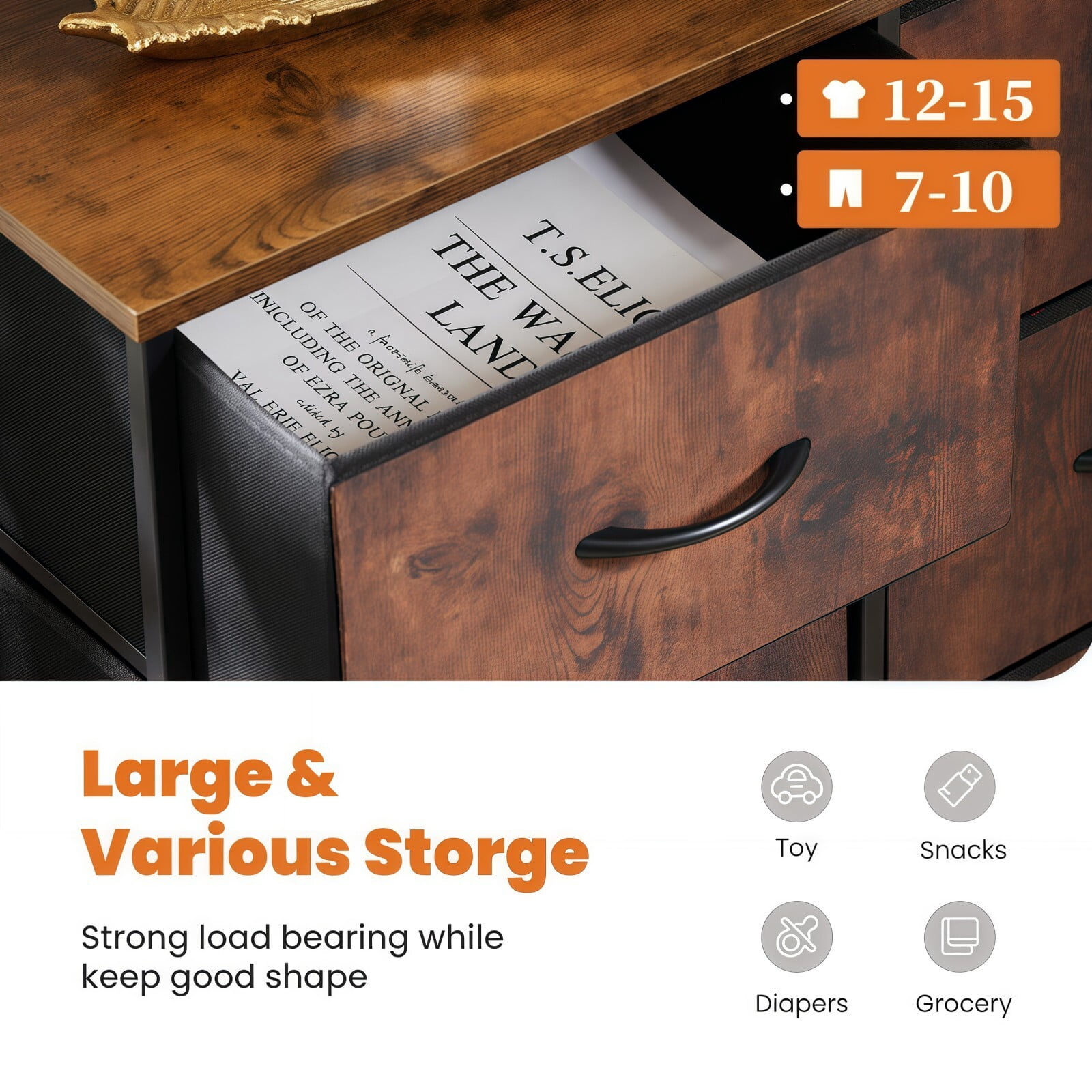 BEAUTYPEAK 8 Drawers Fabric Dresser Bedroom Storage Chest with Wood Top Adjustable Feet, Rustic Brown