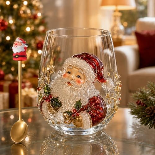3D Santa Stemless Wine Glasses, 3D Christmas Glass Art Cup, Christmas Cups Glass (Santa), Luxury Raised Holiday Glassware for Drinks, Glassware for Coffee, Tea, Juice, Milk