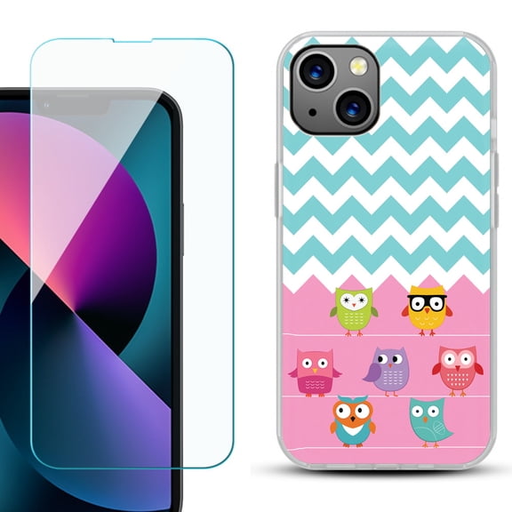 Slim-Fit Gel TPU Phone Case for iPhone 13 Mini, with Tempered Glass Screen Protector, by OneToughShield ยฎ - Chevron/Teal/Owl