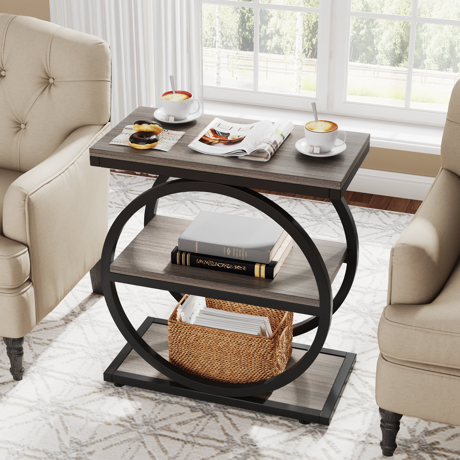 MAYEERTY 3-Tier Industrial End Table, Round Thick Metal Frame E1 MDF Storage Side Table, Multi-Purpose Sofa Nightstand for Indoor Outdoor