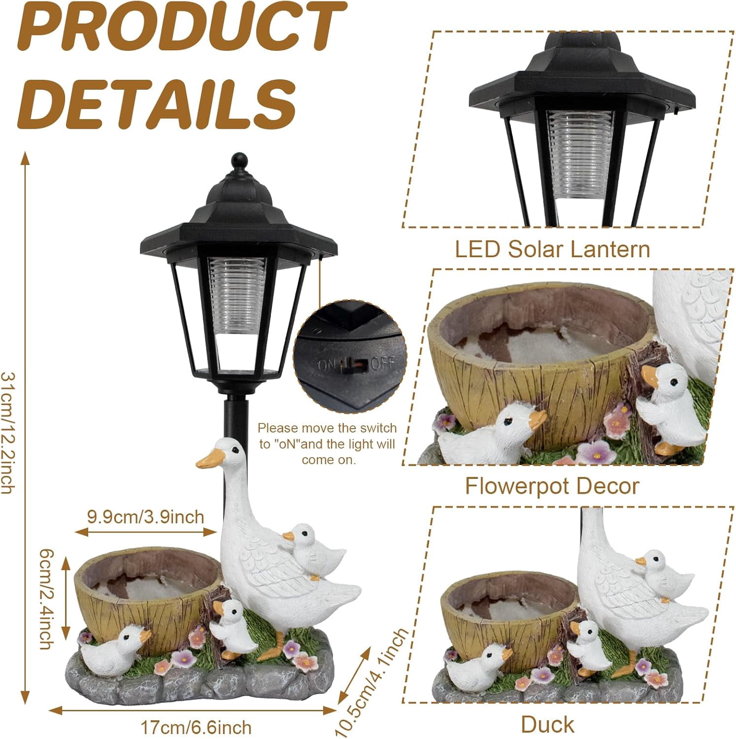 Fountwell Garden Duck Statues with Solar Lantern Flowerpot, Resin Duck Figurines Outdoor Decor – Patio Lawn Backyard Porch Ornaments, Unique Housewarming Birthday Gift for Women Mom