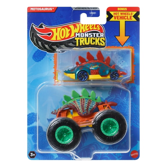 Hot Wheels Monster Truck & Car, 1:64 Scale Die-Cast Truck & Car (2 Vehicles) (Styles May Vary)