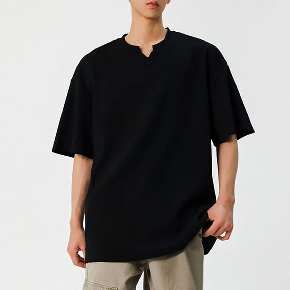 pstuiky camisetas de manga corta para hombre, Camisa informal de manga corta con cuello en V y textura vertical de color liso para hombre camisas casuales para hombre m