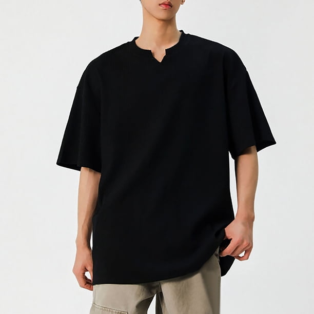 pstuiky camisetas de manga corta para hombre, Camisa informal de manga corta con cuello en V y textura vertical de color liso para hombre camisas casuales para hombre m