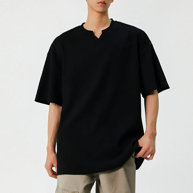 pstuiky camisetas de manga corta para hombre, Camisa informal de manga corta con cuello en V y textura vertical de color liso para hombre camisas casuales para hombre m