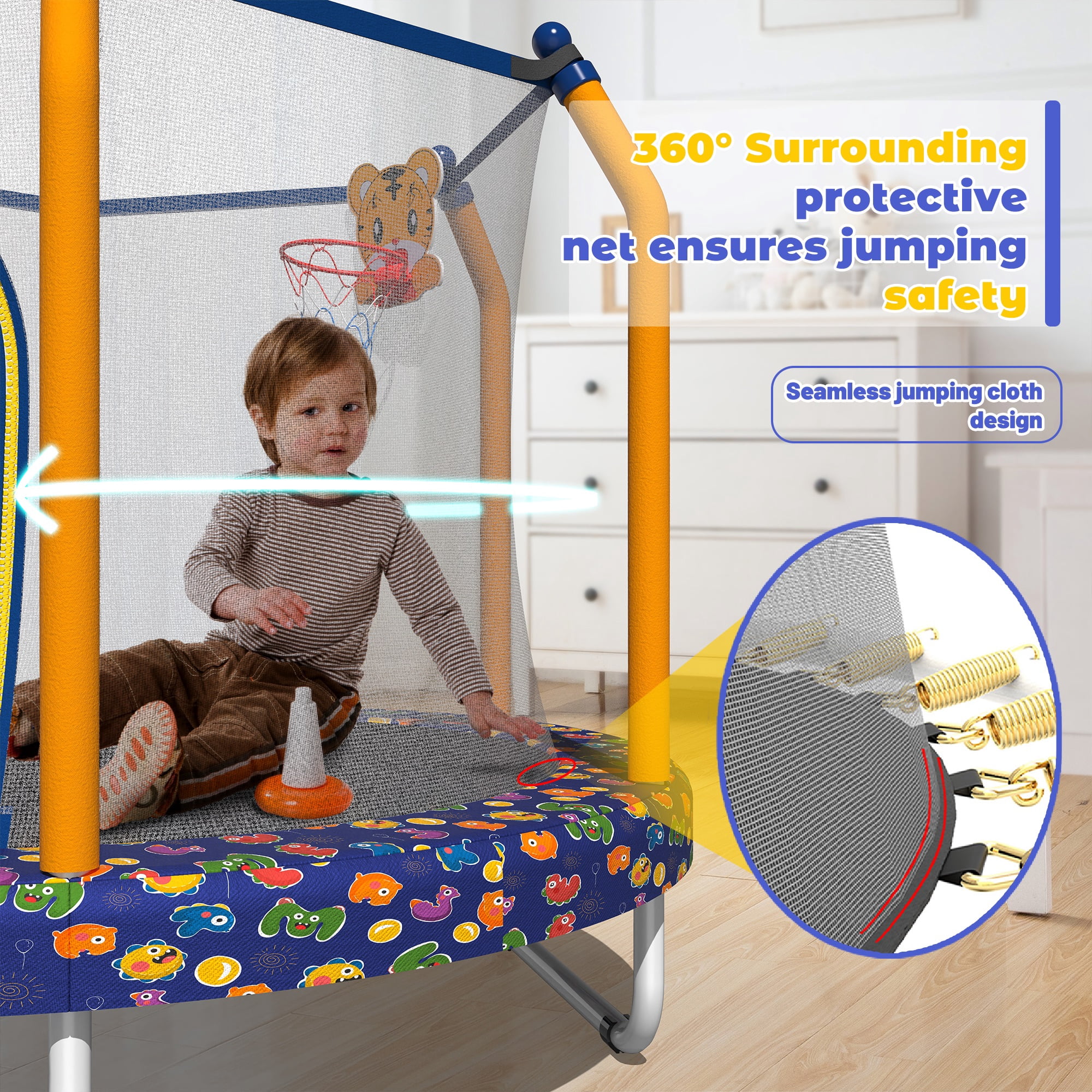 55" Trampoline for Kids, Mini Toddler Trampolines Indoor with Basketball Hoop & Safety Enclosure Net, No-Gap Safe Design for Boys Girls Ages 1-8