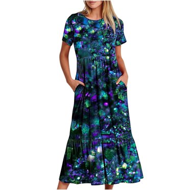 Penkiiy Women Shiny Print Short Sleeve Dress Loose Plain Casual Summer Flowy Tiered Long Maxi Dresses with Pockets S Light Blue