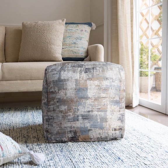 Laddha Home Designs Hand Woven Abstract Geometric Square Ottoman Pouf - 18" - Blue and Brown