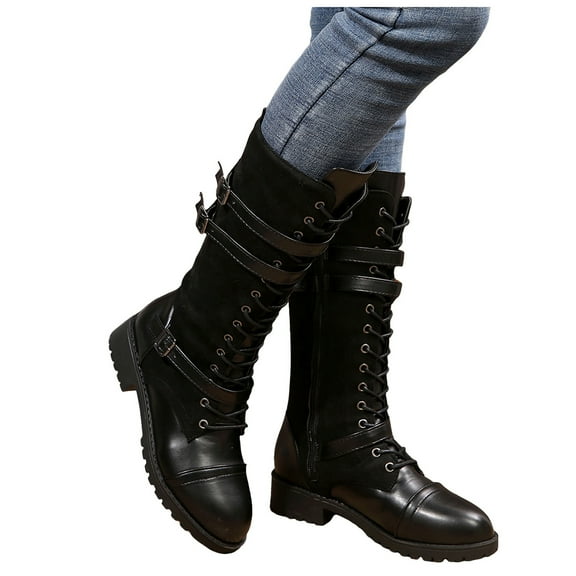 Mid Calf Combat Boots for Women Vintage Casual Leather Suede Denim Patchwork Lace up Knee High Motorcycle Riding Tall Booties with Side Zipper