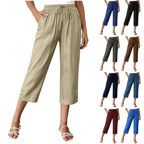 Bloomae Womens Linen Capris Pants High Waist Drawstring Elastic Waist Comfy Casual Pants Lightweight Button Decor Cropped Trousers with Pockets Wine M