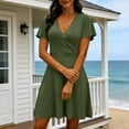 thumbnail image 2 of Miluxas Ladies' Elegant V Neck Wrap Dress Solid Short Sleeved A-Line Dress Summer Business Casual Outfits Green, 2 of 9