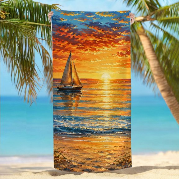 RKSupls Oil Painting Sailboat Ocean Sunset Quickly Absorb Moisture Beach Towel - Machine Washable Ultra-Soft Microfiber, Ideal for Bathroom beach yoga