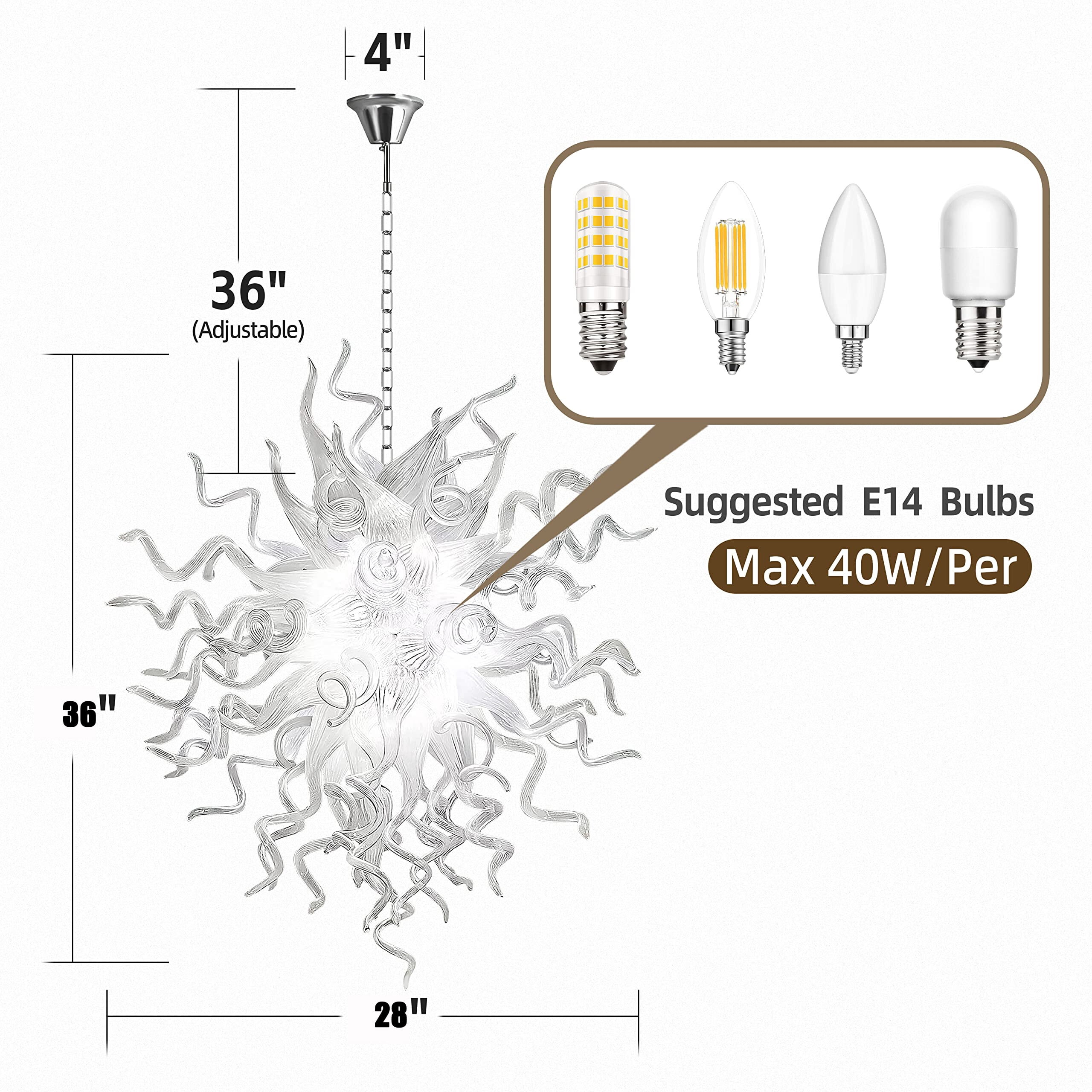 Longree Luxury Chandeliers Modern Hand Blown Glass Art Chandelier Ceiling Light Hanging Pendant Chandelier Light Fixture Decoration for Bedroom Indoor Lighting Dining Room (Customizable Size & Color)