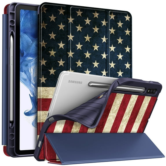 Fintie Slim Case for Samsung Galaxy Tab S8 (2022) /Galaxy Tab S7 (2020) 11 Inch SM-X700/X706/T870/T875/T876 Model with S Pen Holder, Soft TPU Back Cover Stand Auto Wake/Sleep, US Flag