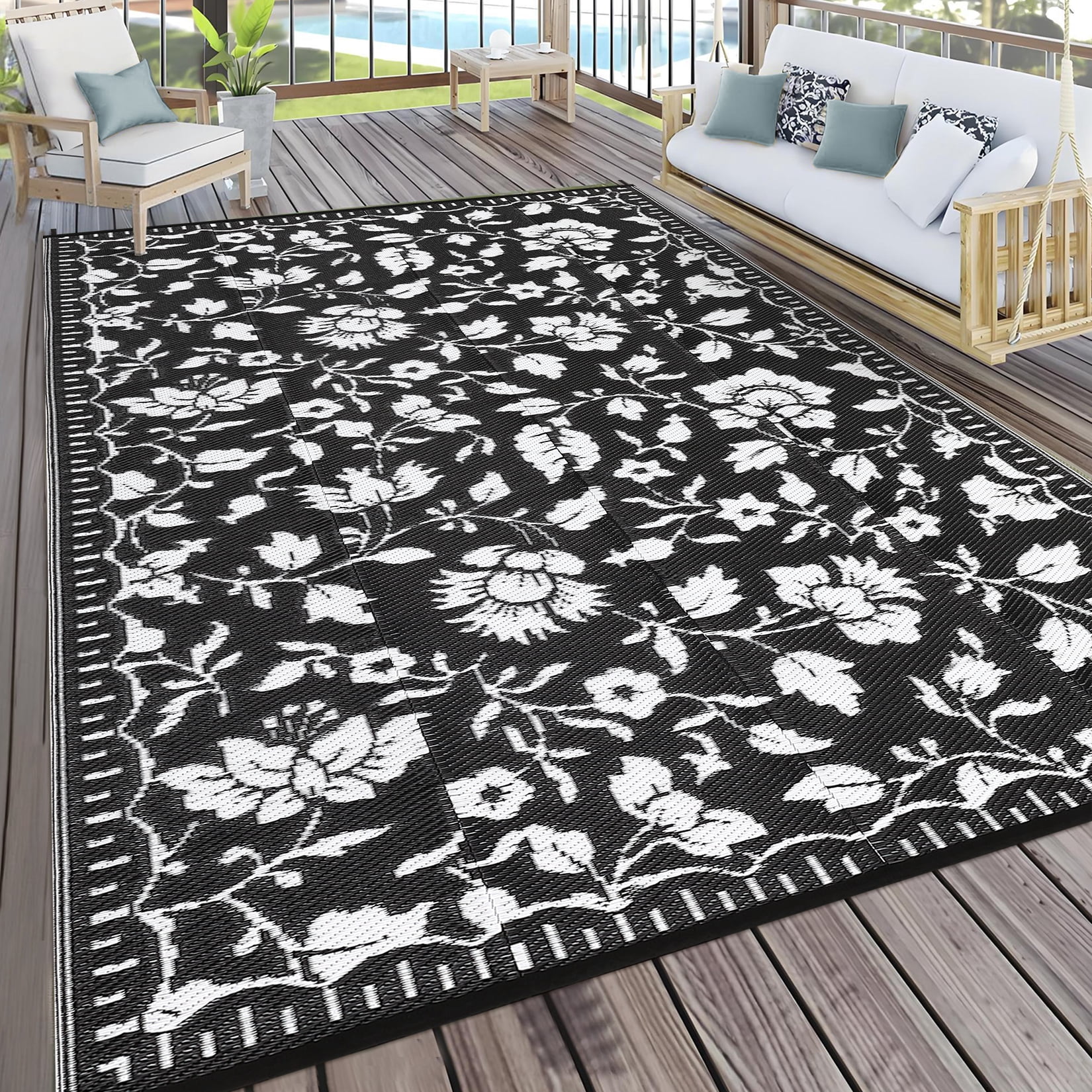 Garvee 6'x9' Outdoor Rug Waterproof Floral Camping Carpet, Reversible Plastic Straw Rug Outdoor Rug for Patio RV Balcony Backyard, Black