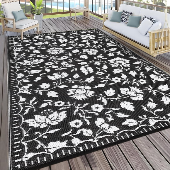 Gaderth Outdoor Rug 8x10 Waterproof Patio Rug, Reversible Floral Plastic Straw Area Rug, Foldable RV Outdoor Mat for Deck, Porch, Balcony, Front Door, Picnic, Beach, Camper, Travel Trailer